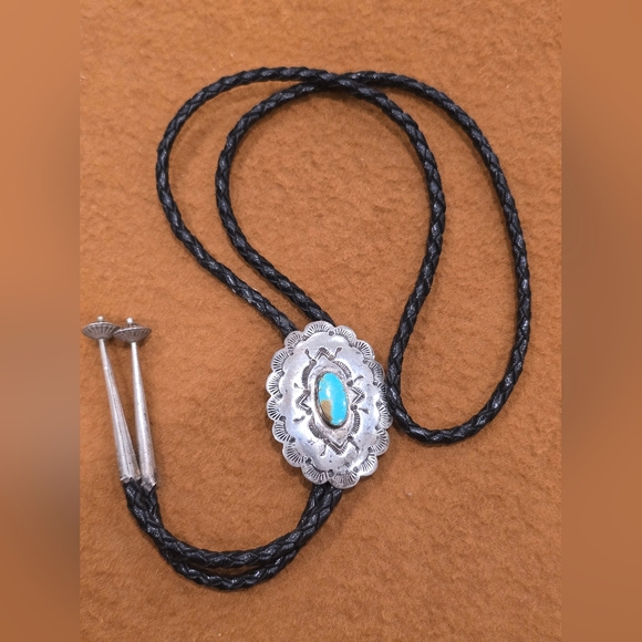 Navajo Sterling Silver Handmade Turquoise Concho Style Bolo Tie "RTL" - Picture 2 of 16